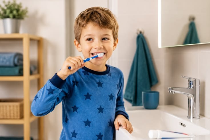 Children's toothbrush with a small amount of fluoride toothpaste