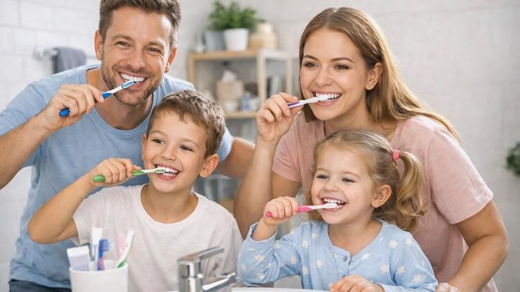 Parent gently brushing a young child's teeth