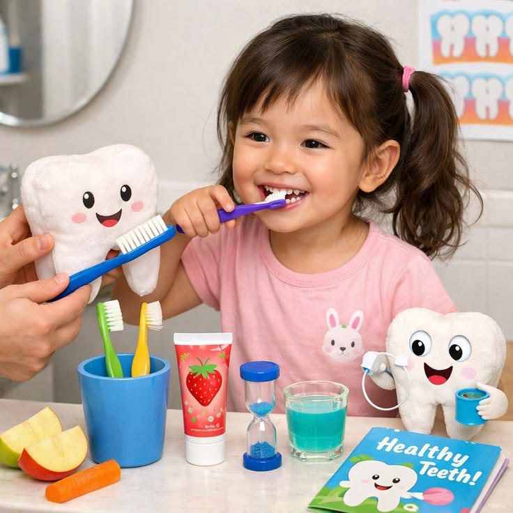 Pediatric dentist discussing child's dental cleaning results with parents