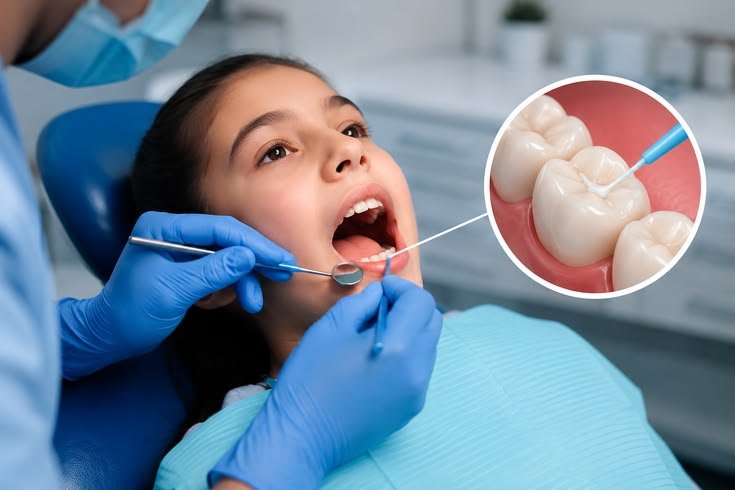 Pediatric dentist evaluating child for dental sealants