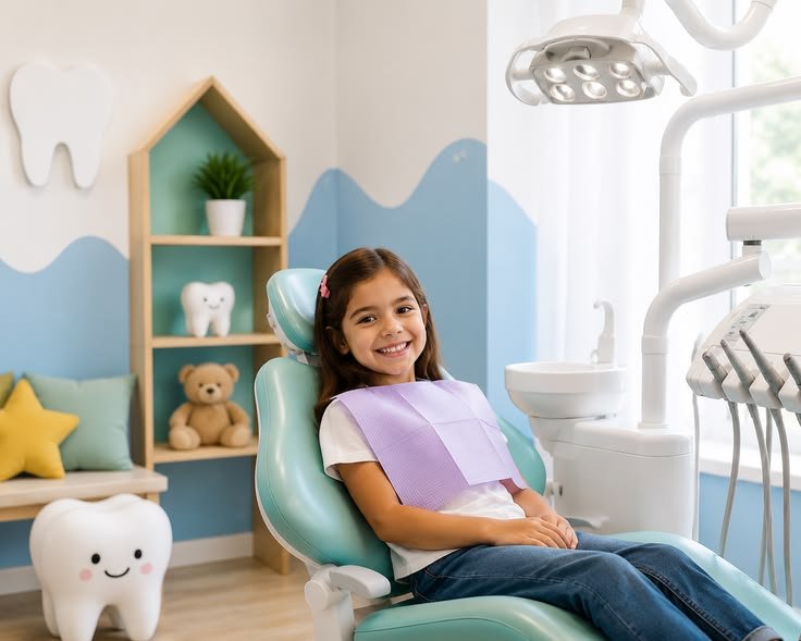 Pediatric dentist discussing dental crown treatment with parent